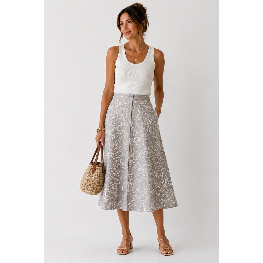 Lafayette 148 New York Flora Embroidered A Line Midi Skirt Lined  4 Linen Gray